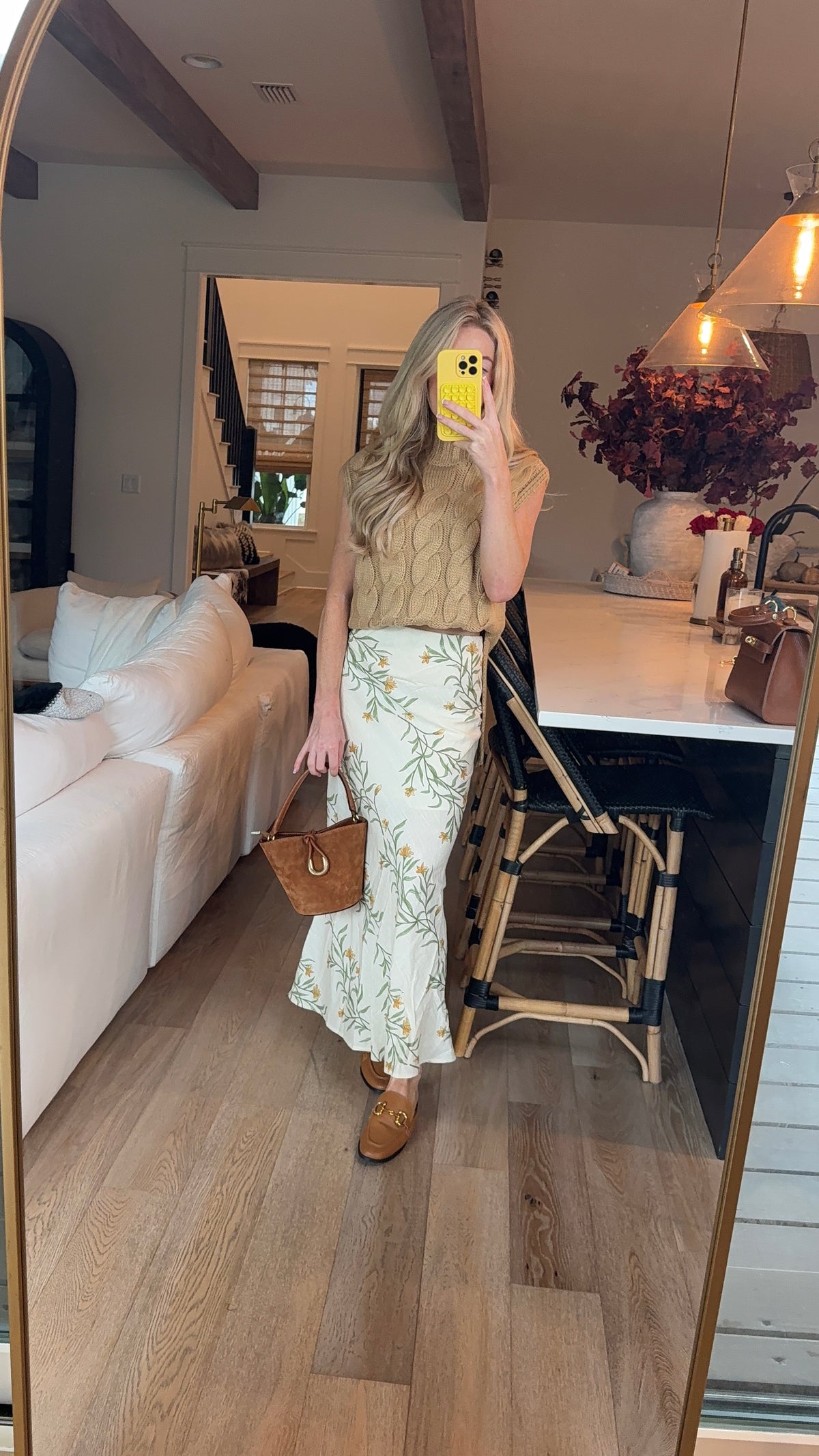 LINEN BACK SLIT FLORAL PRINT MAXI SKIRT